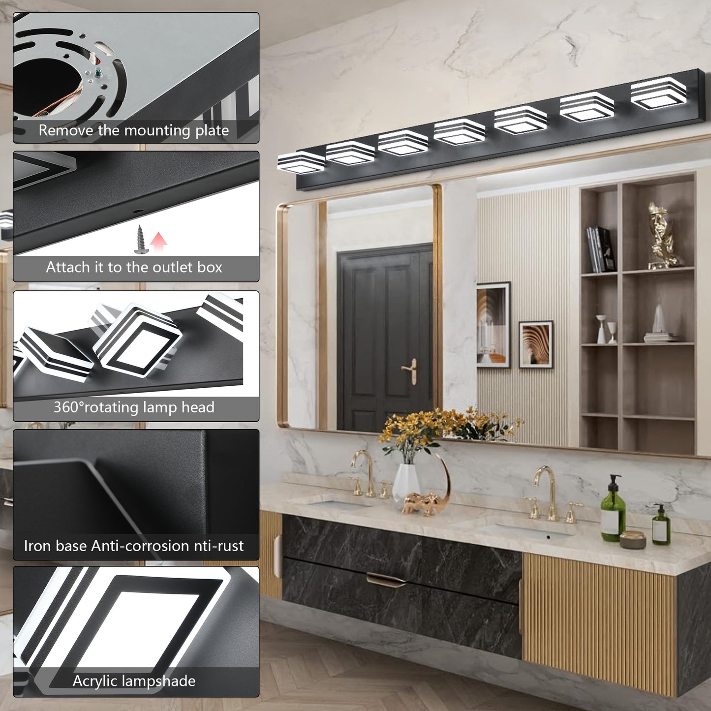 45in  Modern Black 7-Light LED Vanity Light, Square Acrylic Lampshades Wall Mount Fixture For Bathroom, Mirror Lighting