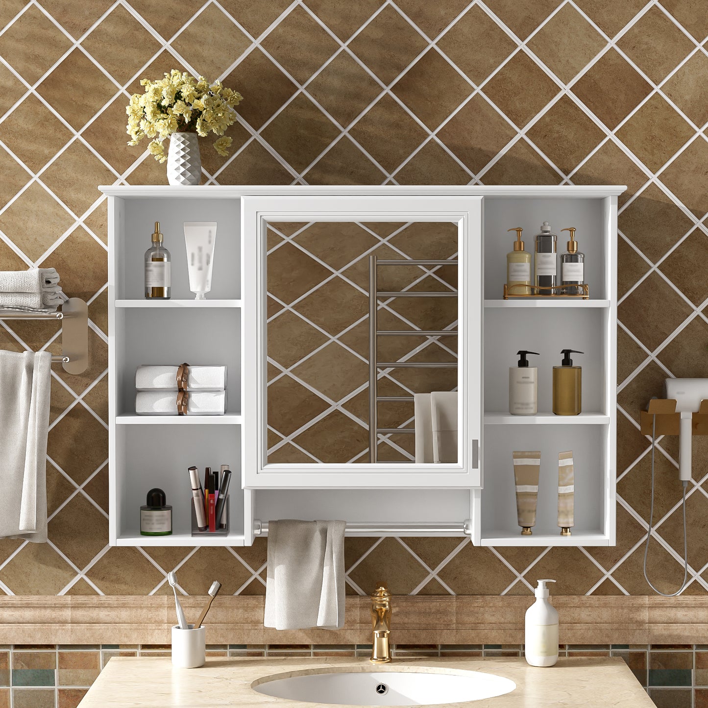 3-in-1 Bathroom Mirror Cabinet, 42 Inch Wall Mounted Medicine Cabinet With Adjustable Shelf & Soft Close Door, High-Define Mirror With Storage For Bathroom Vanity