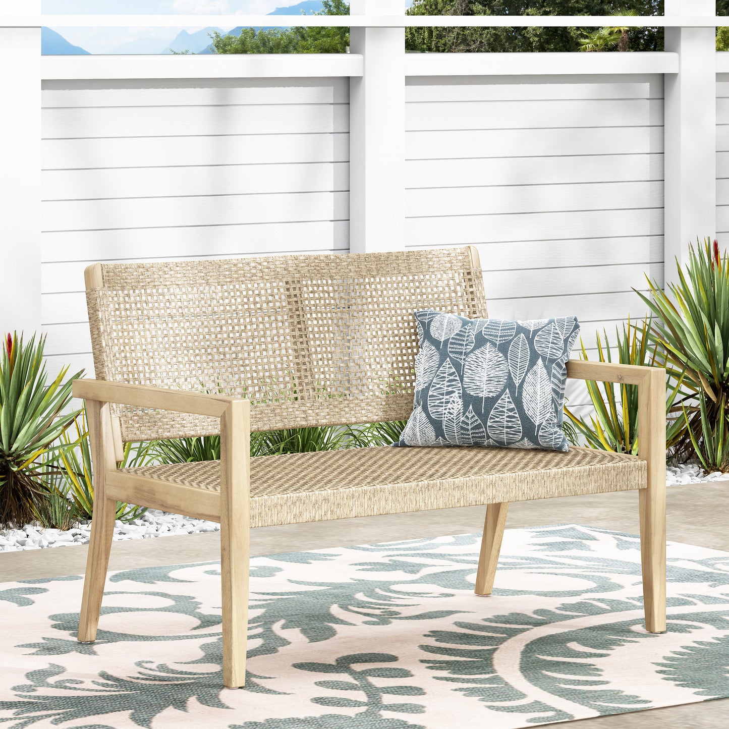 Outdoor Wicker And Acacia Wood Loveseat, Light Multibrown And Light Brown, 34 H X 46.5 W X 27.25 D