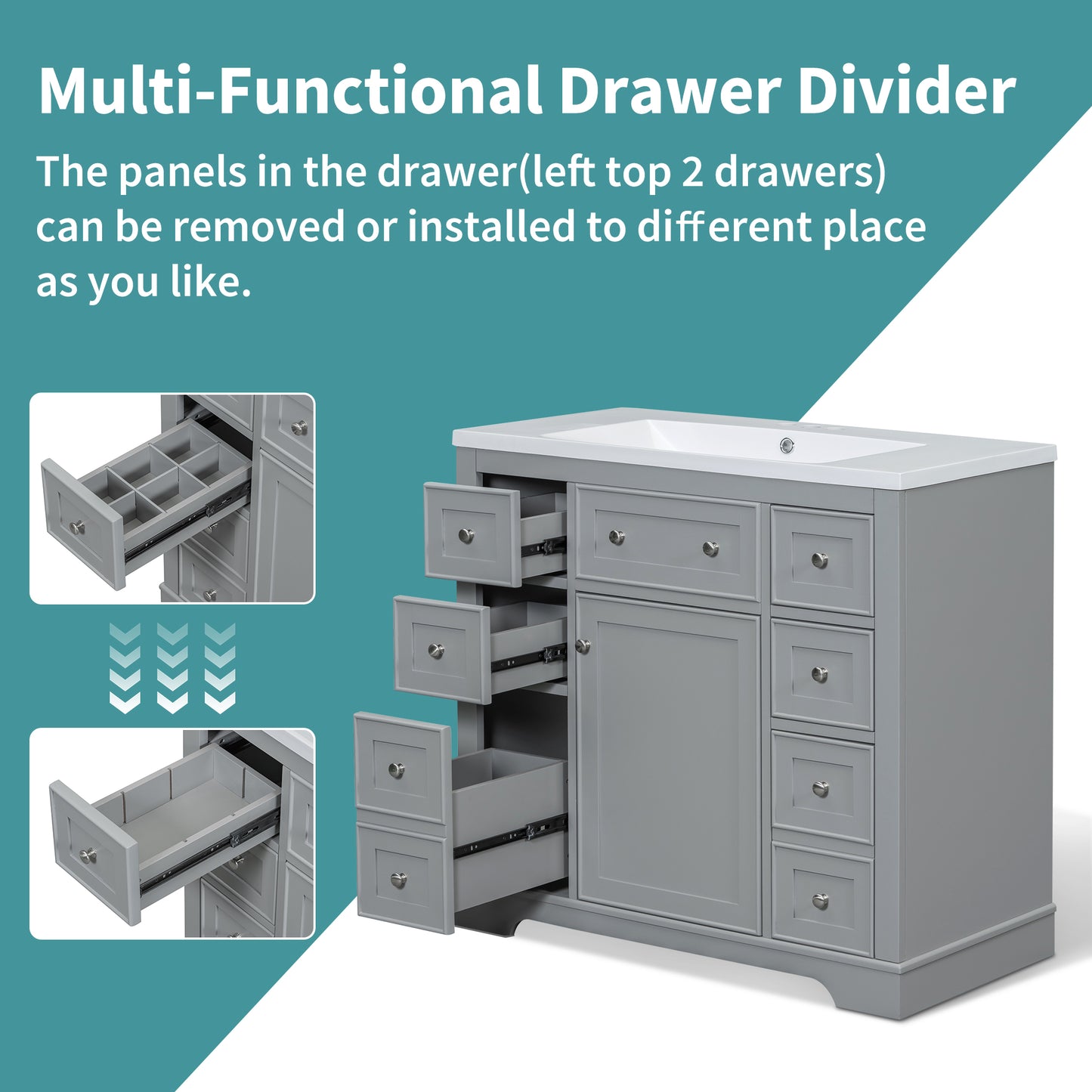 36  Bathroom Vanity Without Sink, Cabinet Base Only, One Cabinet And Six Drawers, Grey