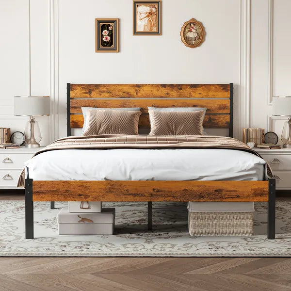 Metal Platform Bed Frame - Mattress Foundation With Headboard And And Footboard, No Box Spring Needed With 800LBS Sturdy Wooden Slats Support