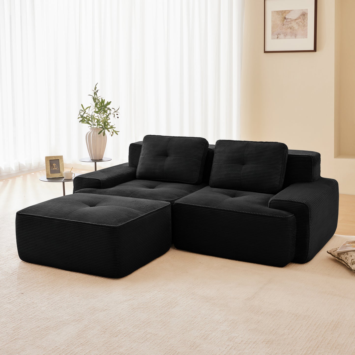 82 Modern L-Shaped Modular Sectional Sofa For Living Room, Corduroy Fabric, 2-Seater Couch With Deep Seat And Movable Ottoman, Pearl-like Piping, Tufted Design, No Assembly, Anti-slip Design, Black