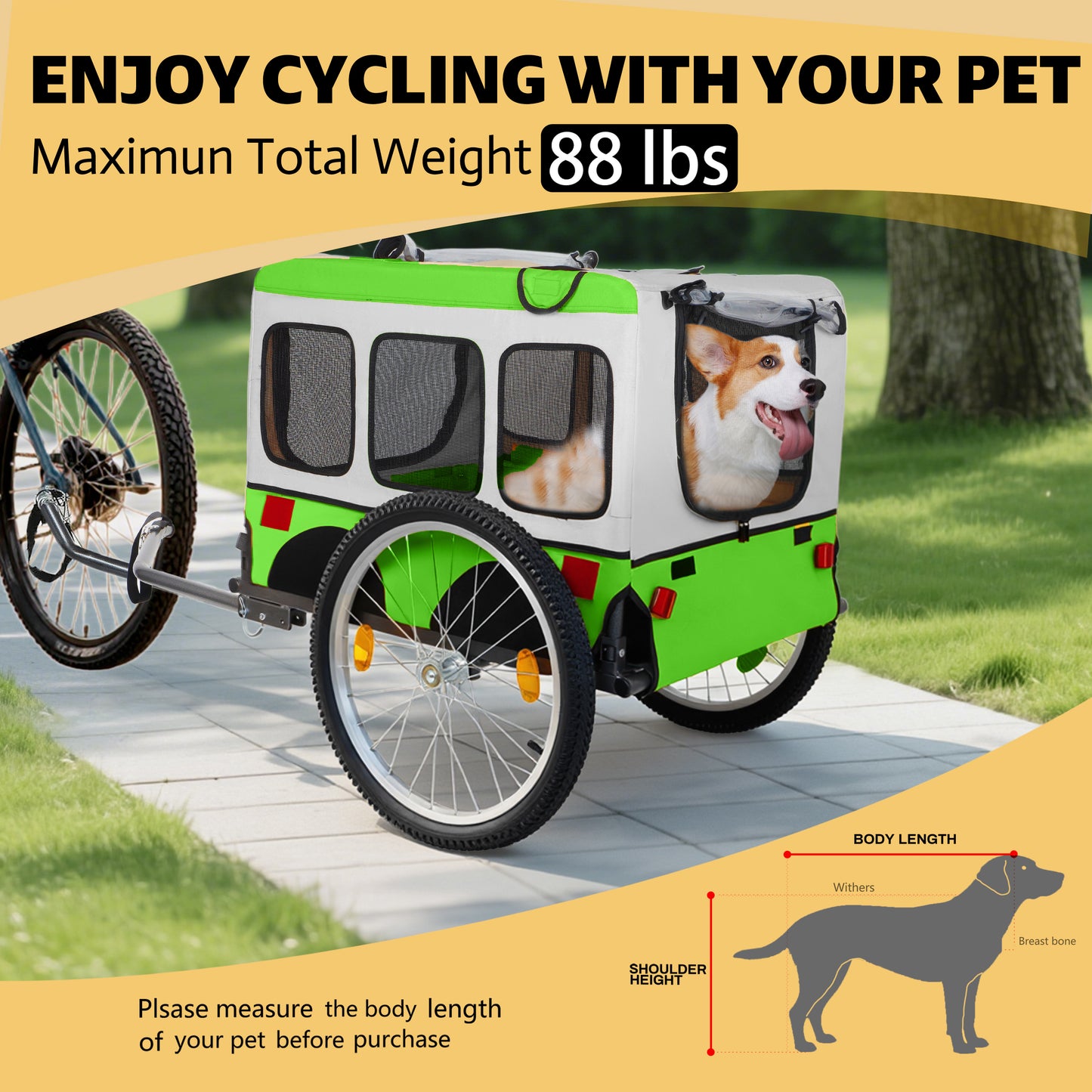Large Folding Bike Trailer For Dogs - 20x2 1 8 Inches Wheels, Heavy-Duty Steel Frame, Spacious Design, All-Terrain Cycling, Jogging & Camping Adventure, Green