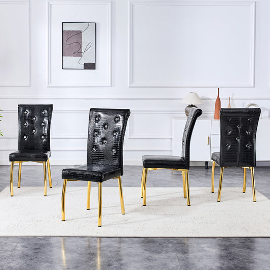 Set Of 4,Retro Alligator Skin Upholstered Dining Chairs,with Crystal Buckle Design And Faux Leather Design,a Touch Of Elegance And Mystery To The Dining Area.Gold Plated Metal Feet