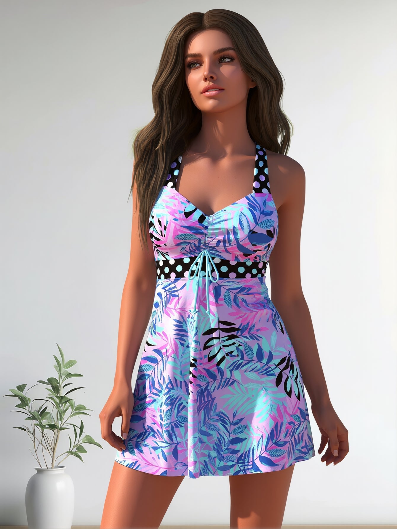 New Elegant And Fashionable Women's StyleWomen's Swimsuit For Beach Vacation Stylish One Piece With High Neck And Adjustable StrapsBeach Tankini--KA-P798-19