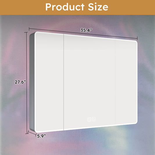 Aluminium Medicine Cabinet Mirror  35 X 28 Inches Medicine Cabinet With 3 Colors LED Light And Defogging Function  Bathroom Mirror Cabinet With Cosmetic Storage Rack And Hair Dryer Holder  Grey