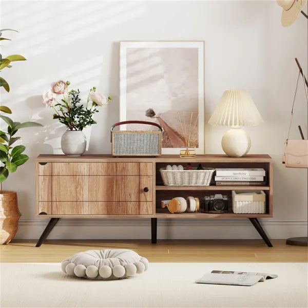 Oak Mid-Century Modern TV Stand For 55-Inch TVs, 210 Lbs Capacity Entertainment Center With Storage Cabinet & Cable Management
