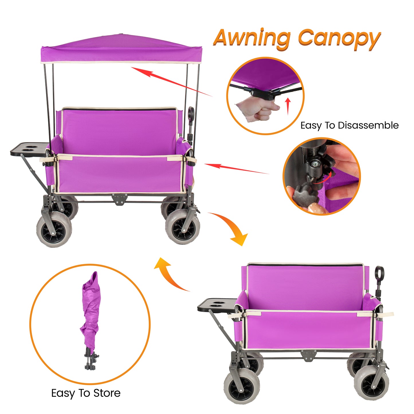 3- In- 1 Collapsible Wagon Converts To Bench Convertible Folding Wagon Cart With Canopy &Rear- Mounted Folding Tabletop  500lbs Heavy- Duty  180L Capacity For Camping  Beach  Garden  Fishing- Purple