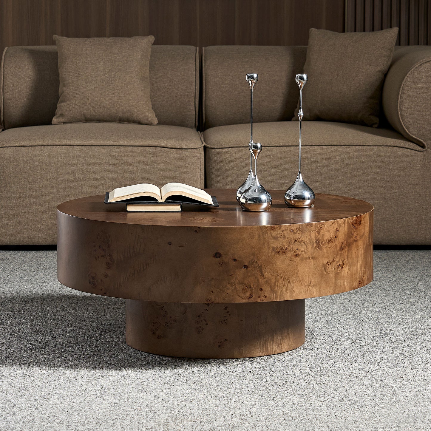 31.49   Burl Wood Veneer Coffee Table And Sturdy Pedestal For Living Room Office Apartment Walnut
