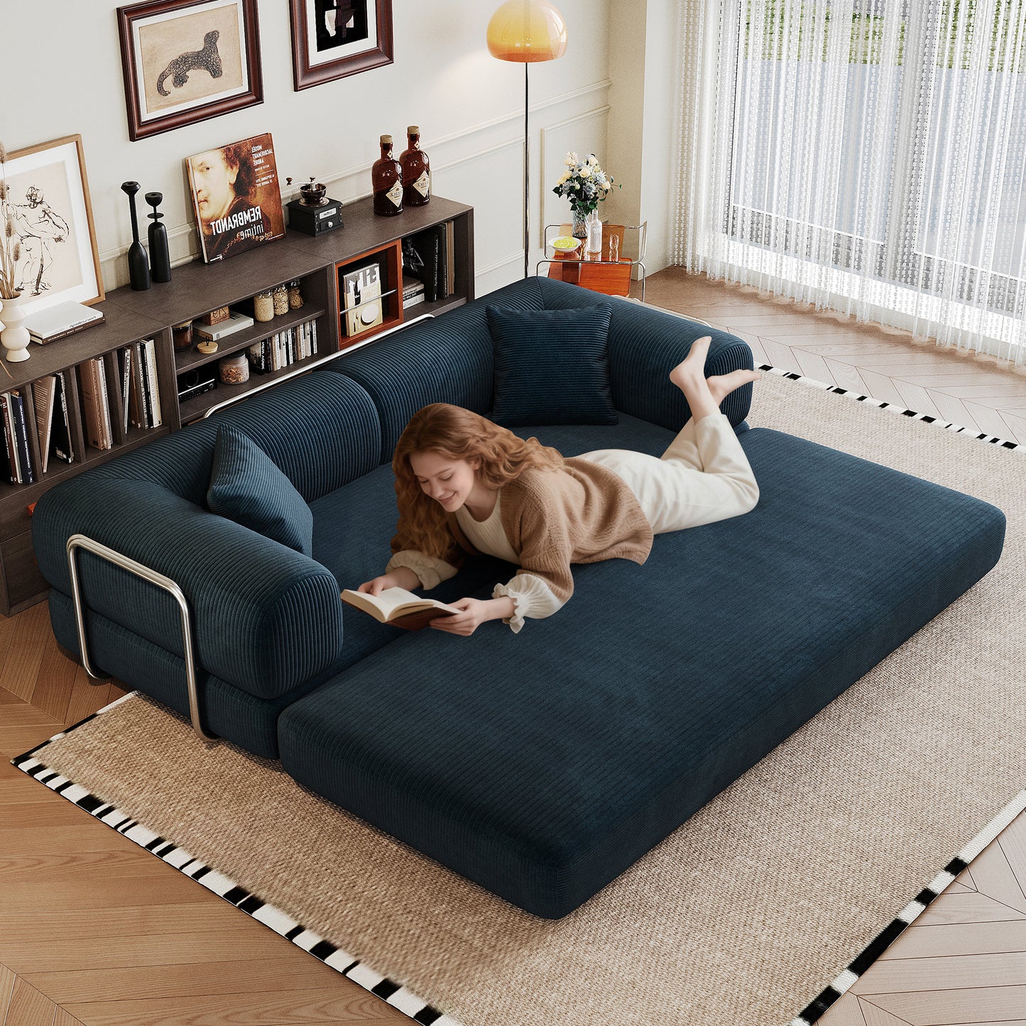 78.8 Compression Sofa,Convertible Floor Sofa Bed-with Pillow Back Support Armrest,Comfy Futon Couch Sleeper Bed,Loveseats Boneless Modular Sectional Sofa,Corduroy Fabric,for Living Room,Bedroom,Blue