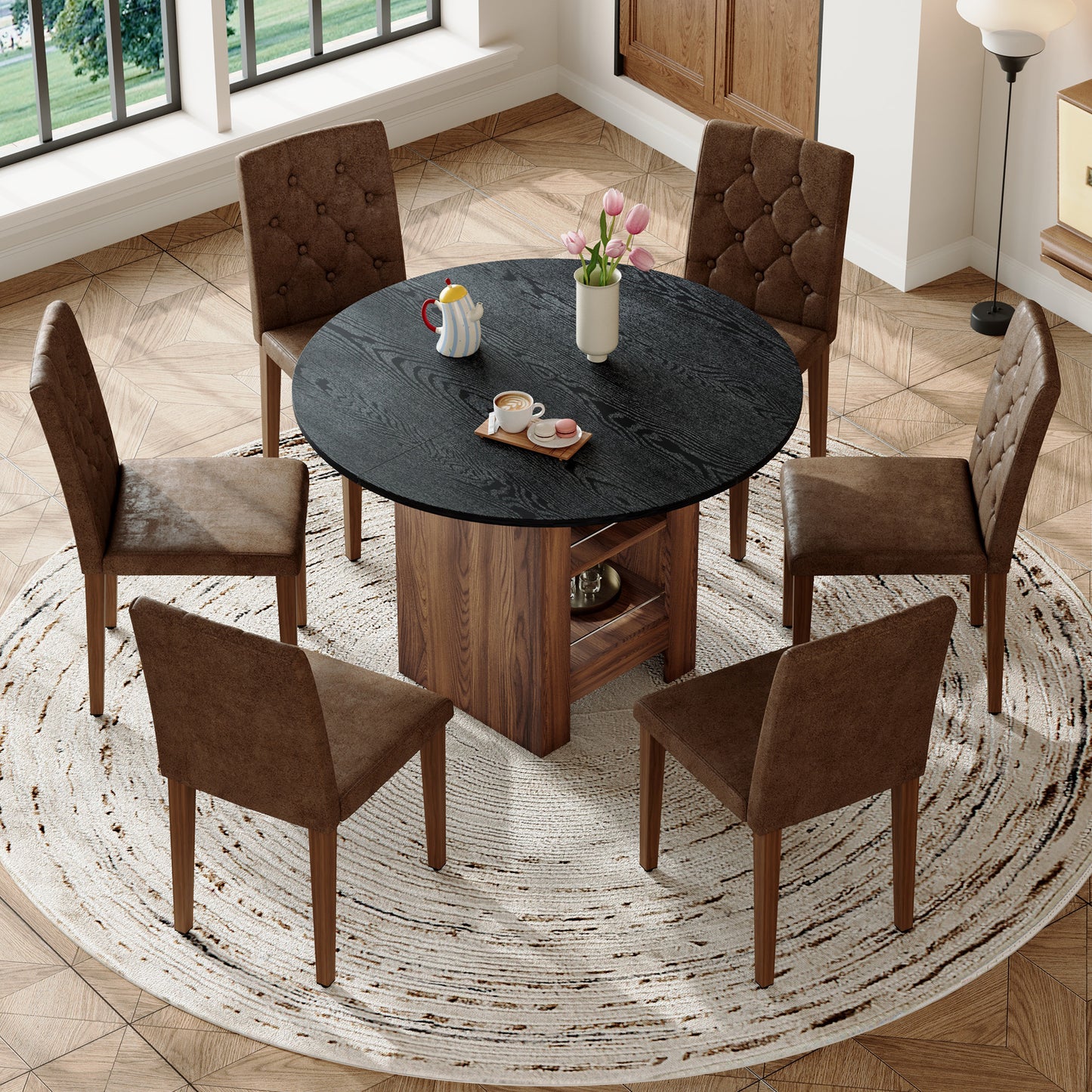 Table And Chair Set. 42 Inch Round MDF Black Dining Table With Double-layer Storage Shelves. Paired With 6 Brown Suede Fabric Chairs Features A Decorative Button-tufted Backrest,walnut Metal Legs.