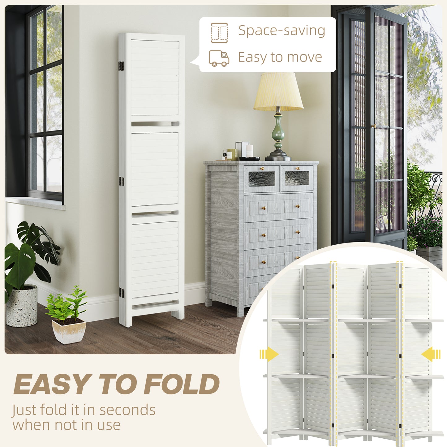 5 Panel 67" Tall Wood Privacy Screen Room Divider With 3 Shelves And Folding Storage For Bedroom, White