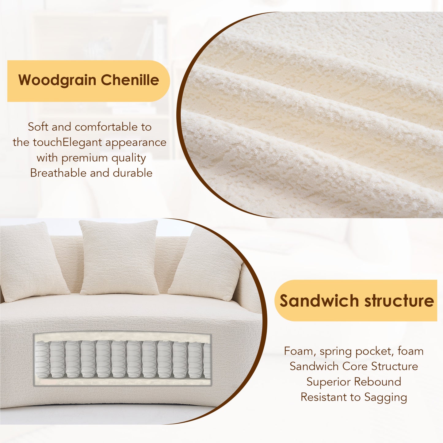 New Boneless L-Shape Sectional Sofa With Curved Chaise White Modular Chenille Compression Couch 30D High-Density Foam Minimalist Modular Couches Sleeper For Living Room Bedroom Apartment Lounge.
