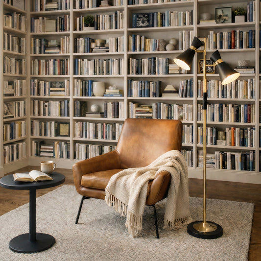 Axis Brassed Gold Floor Lamp With 4-Way  Double Spots With Metal Base