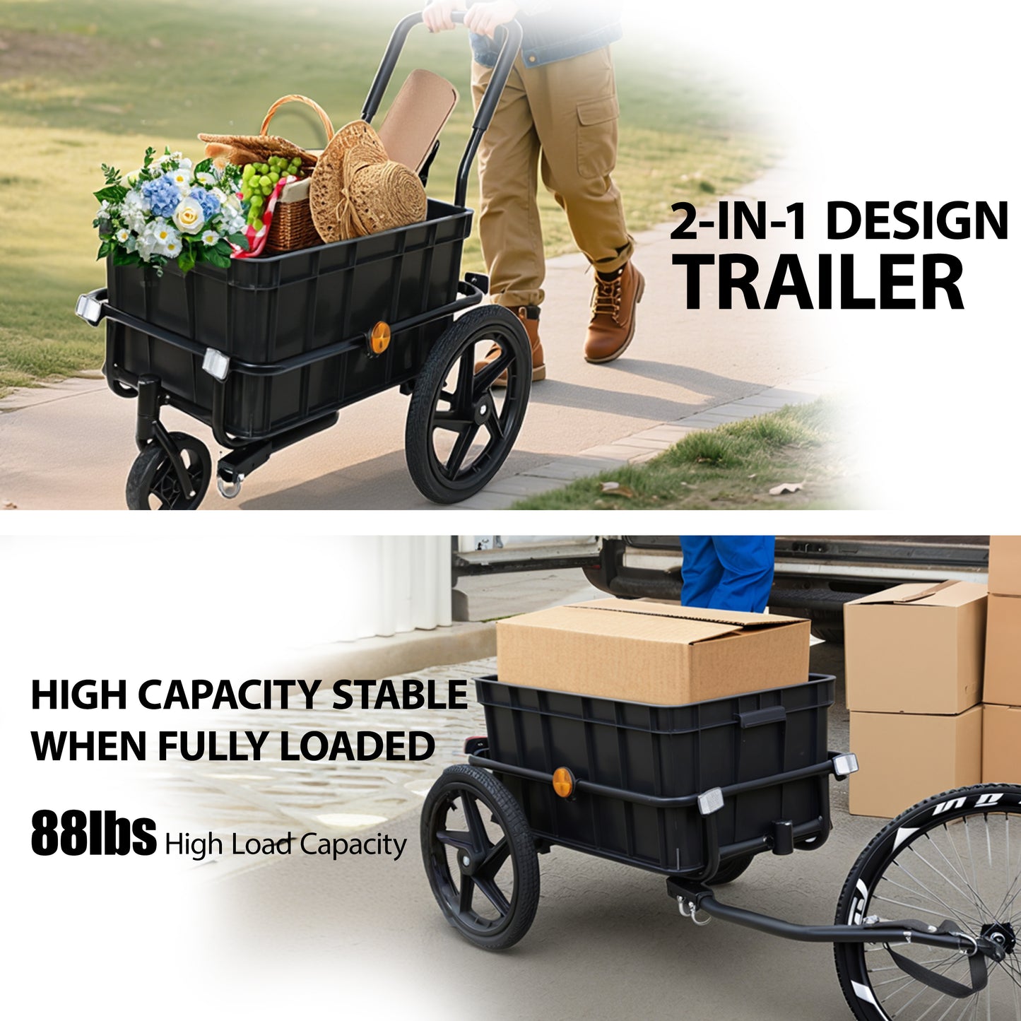 2- In- 1 Bike Cargo Trailer Pushcart  Bicycle Trailer With Removable Box And Waterproof Cover  Black  Pushcart Stroller With Tow Hitch And Removable Handlebar  Black