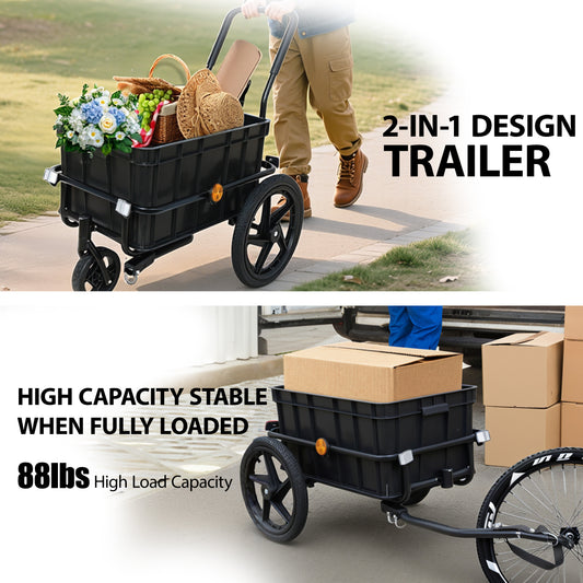 2- In- 1 Bike Cargo Trailer Pushcart  Bicycle Trailer With Removable Box And Waterproof Cover  Black  Pushcart Stroller With Tow Hitch And Removable Handlebar  Black