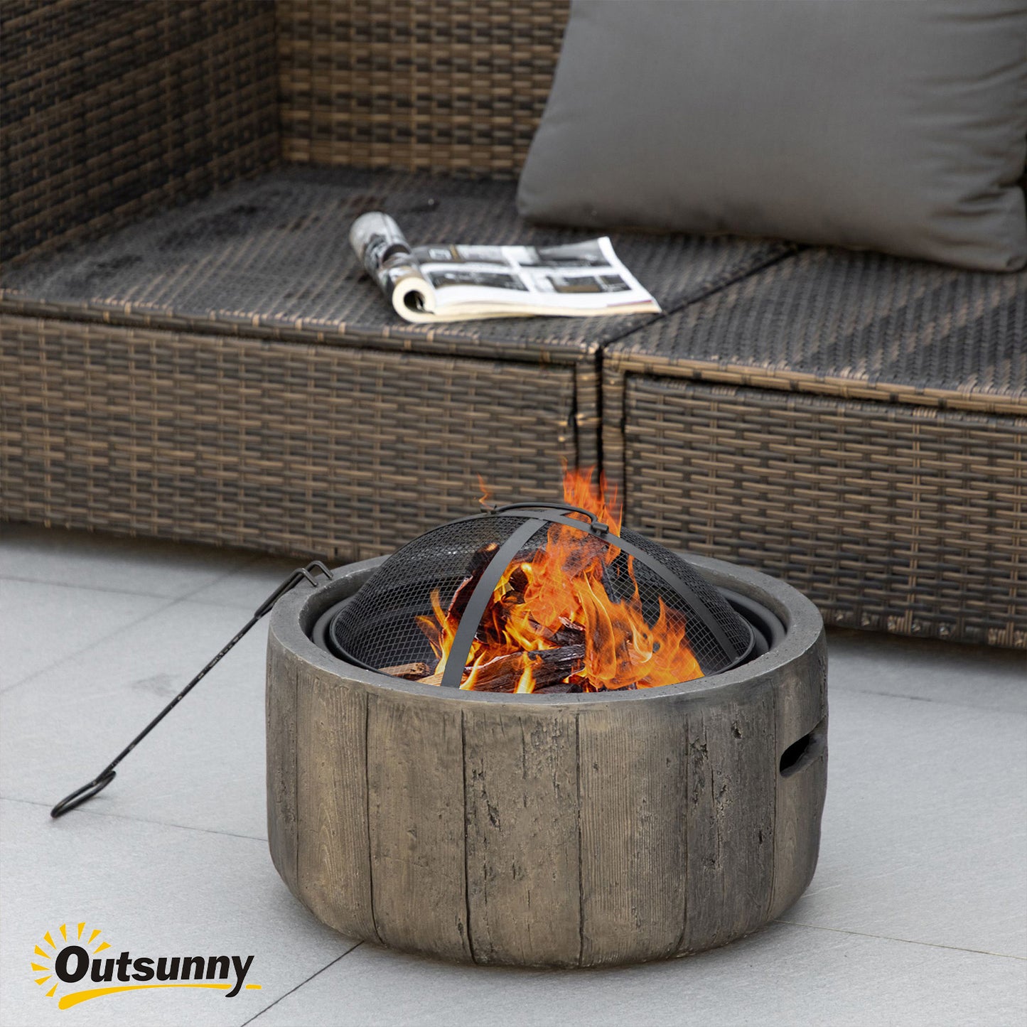 Outdoor Fire Pit, 18 Inch Metal Wood Burning Fireplace With Spark Cover, Poker, Woodgrain Design For Patio, Picnic, Backyard, Dark Brown