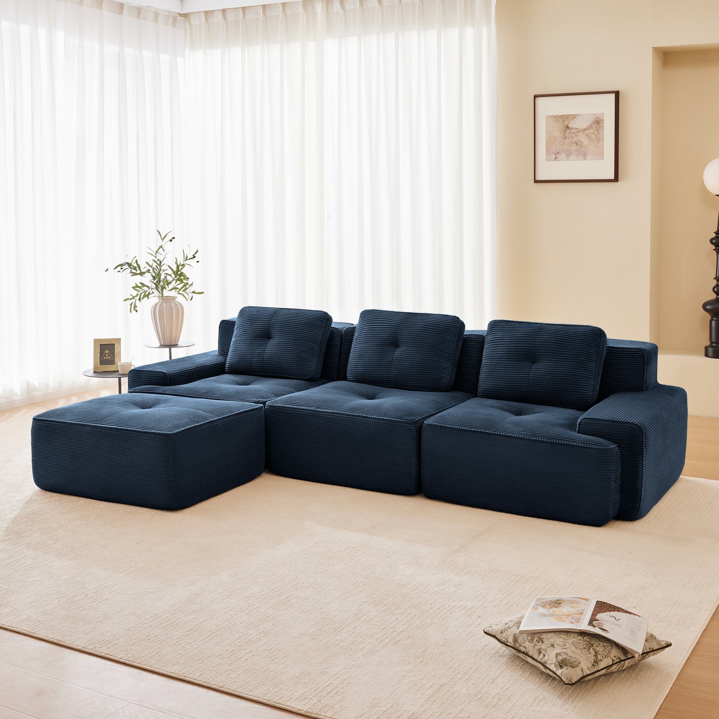 117 Modern L-Shaped Modular Sectional Sofa For Living Room, Corduroy Fabric,3-Seater Couch With Deep Seat And Movable Ottoman,Pearl-like Piping, Tufted Design,No Assembly, Anti-slip Design, Blue