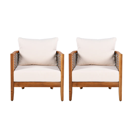2 Pieces Outdoor Unique Tub Design Armchair With Woven Rope, Patio Furniture Acacia Wood Chair, Deep Seating With Soft Cushions For Porch, Garden, Backyard, Balcony, Teak Finish & Beige Cushion