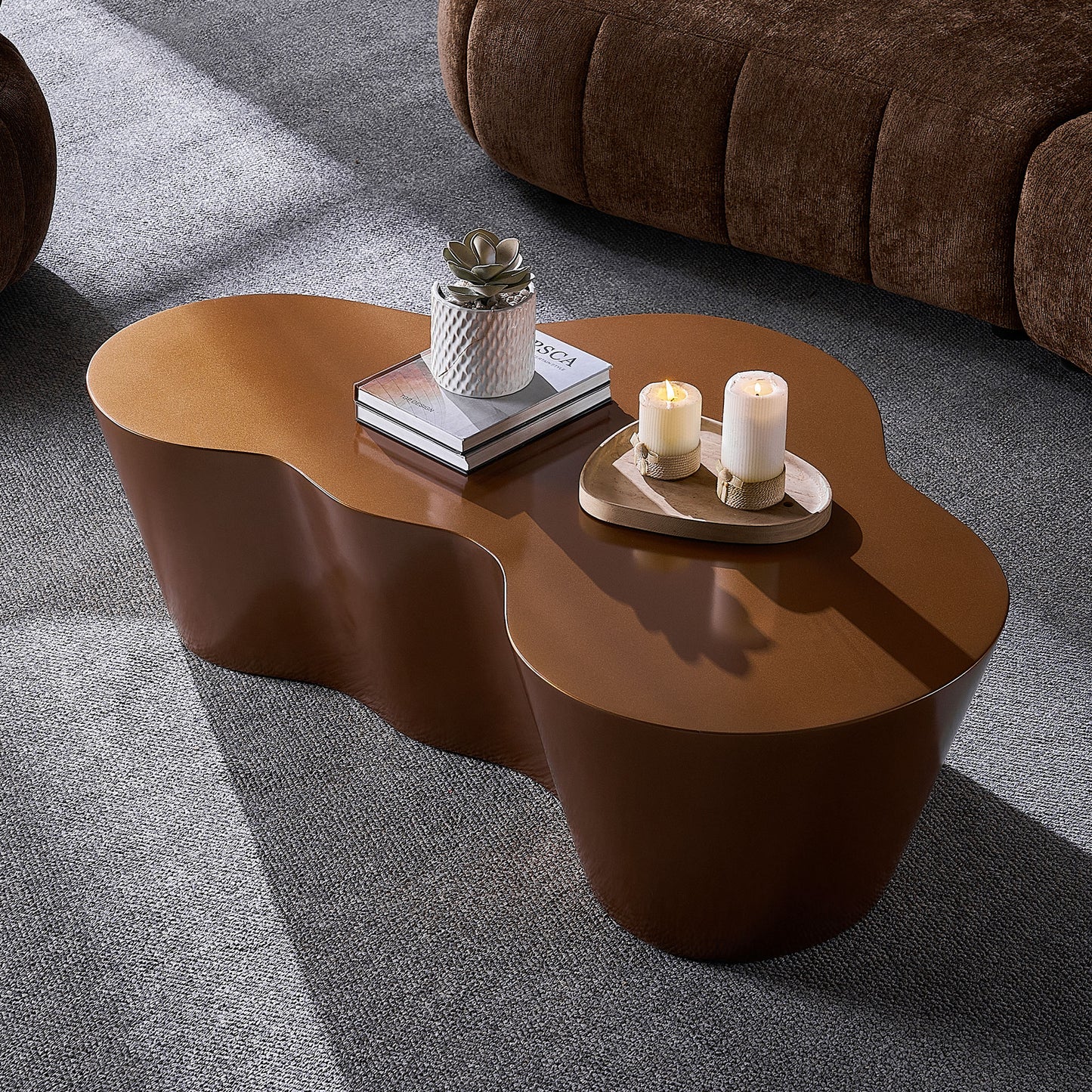 50 Inch Unique Shape Coffee Table Sturdy Fiberglass Tea Table For Living Room No Need Assembly BROWN