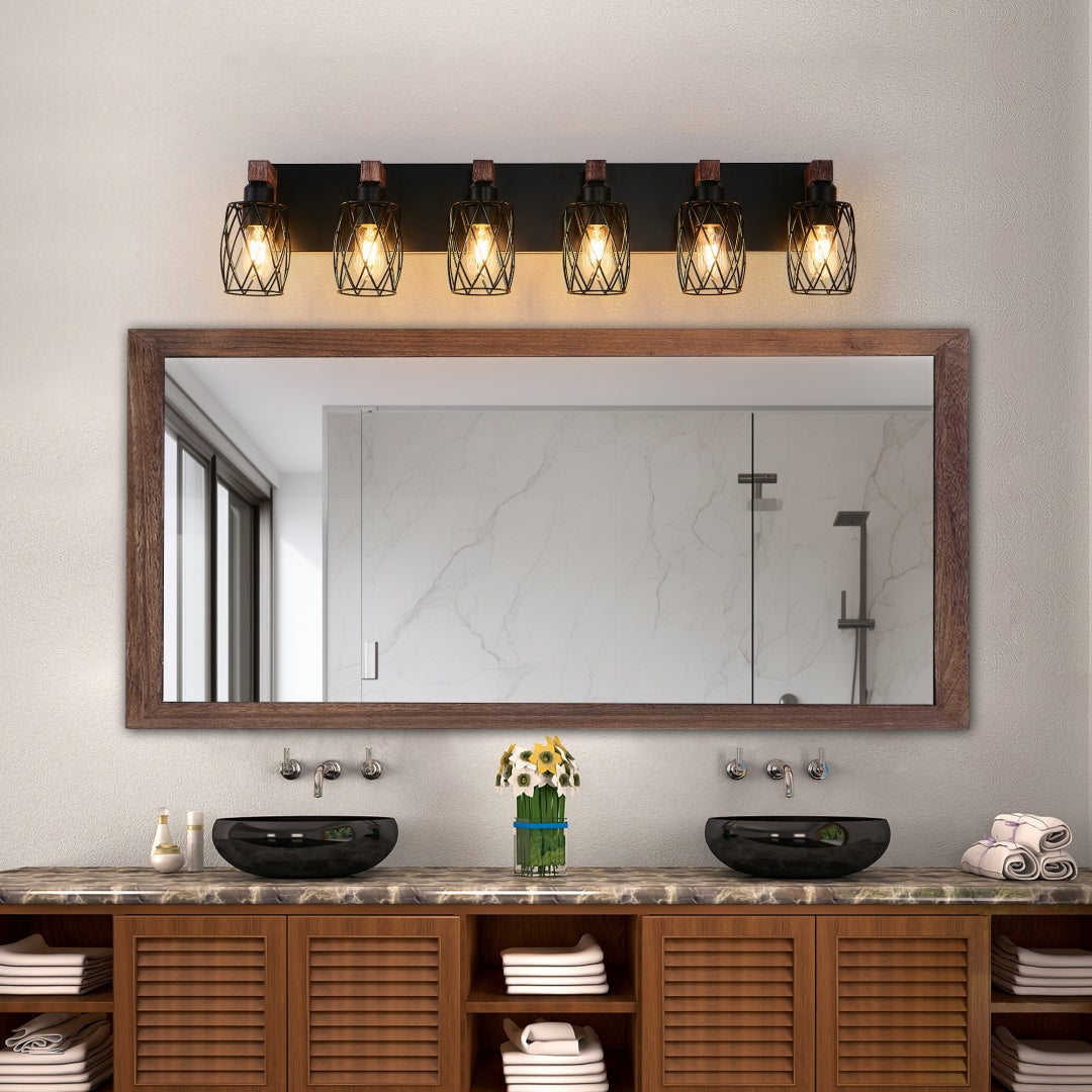 38  Industrial Vintage 6-Light Wall Sconce - Black Cage Wall Lighting Fixture With Wooden Accents For Bathroom, Hallway, Or Living Room Bulb Not Included