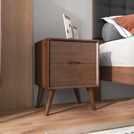 Alexandra Mid-Century Modern Night Stand With 2 Drawers In Walnut Brown Solid Wood 24.8  H X 17.7  W X 15.7  D