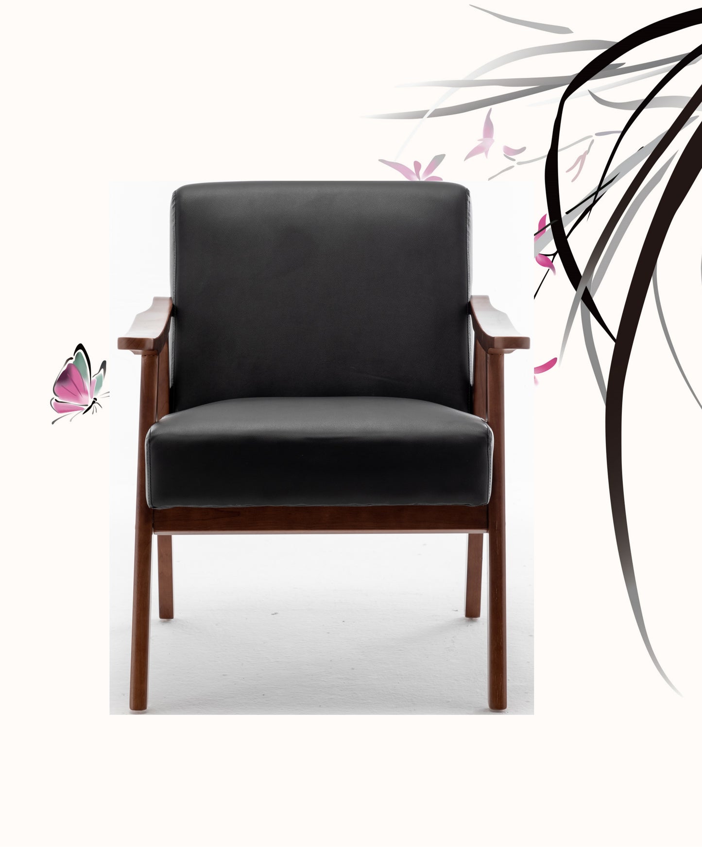Accent Chair With Microfiber Upholstery And Solid Wood Frame, Classic Mid-Century Modern Living Room Furniture For Extra Seating, Black PU PVC