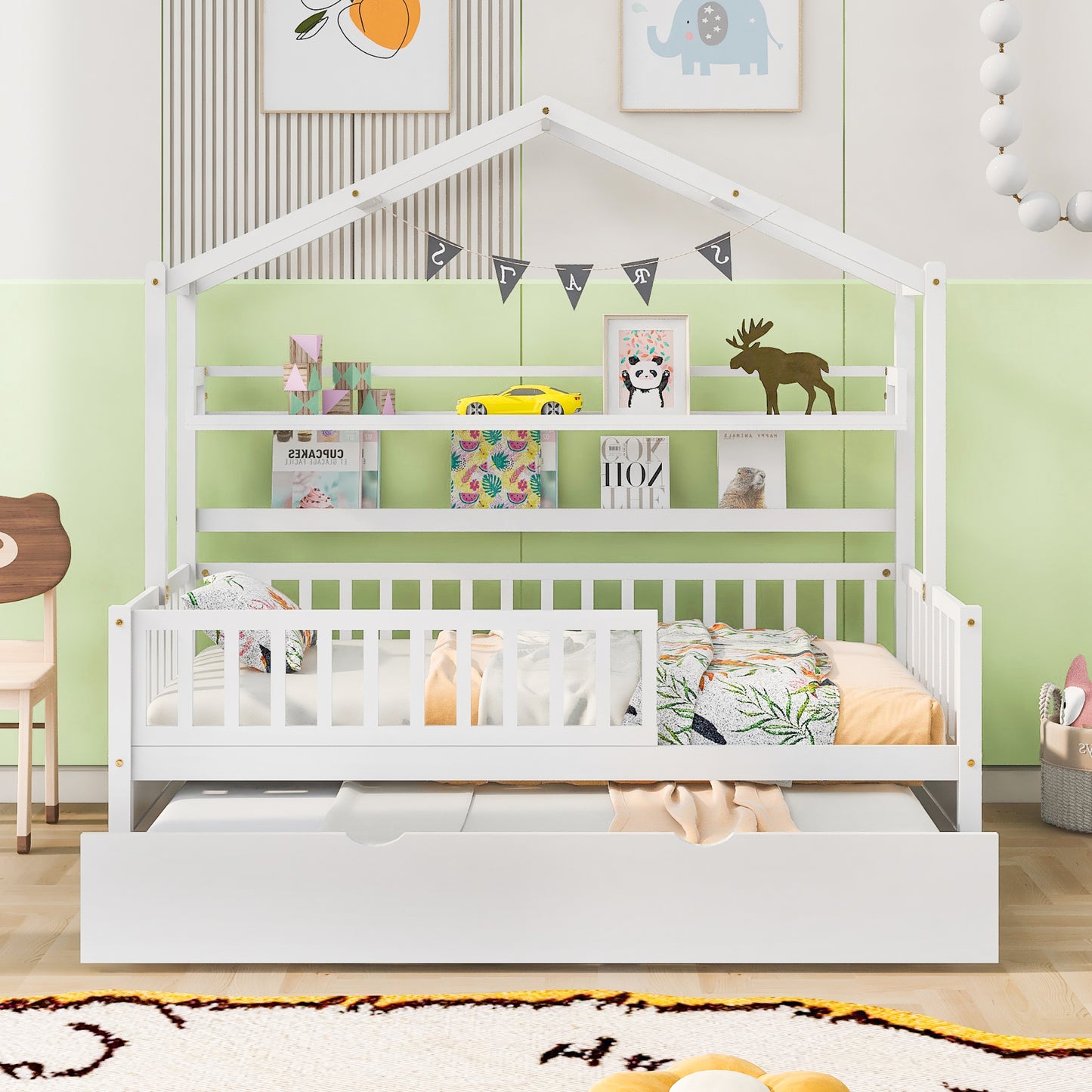 Wooden Twin Size House Bed With Trundle,Kids Bed With Shelf, White Old SKU WF301682AAK