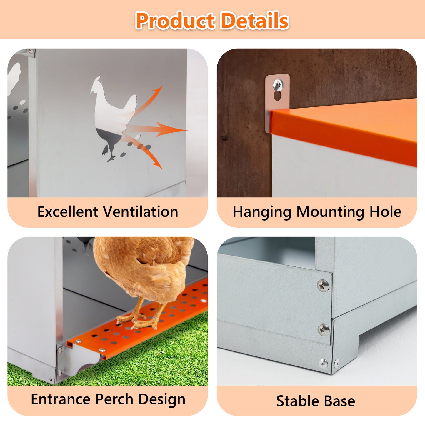 3-Bay Metal Nest Box-Wall Mount For Hens Ducks, Easy Egg  Assembly, Vented Galvanized Steel Coop Equipment Orange