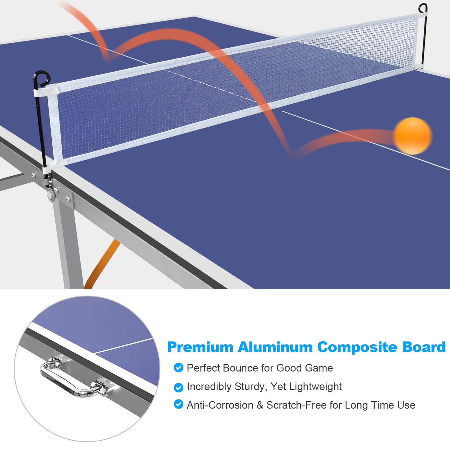 6ft Blue Mid-Size Table Tennis Table Foldable & Portable Ping Pong Table Set For Indoor & Outdoor Games With Net, 2 Table Tennis Paddles And 3 Balls