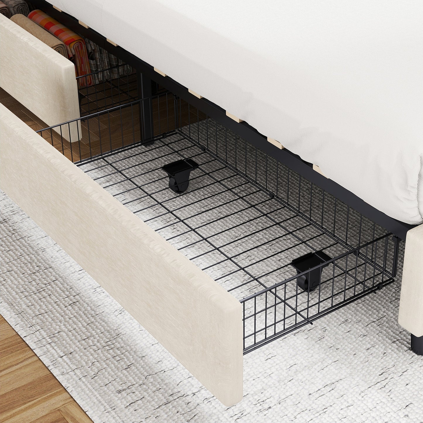 Bed Frame Upholstered Vertical Channel Headboard With 4 Storage Drawers Wood Slat Elegant Modern Bed Frame No Box Spring Needed Easy Assembly For Bedroom