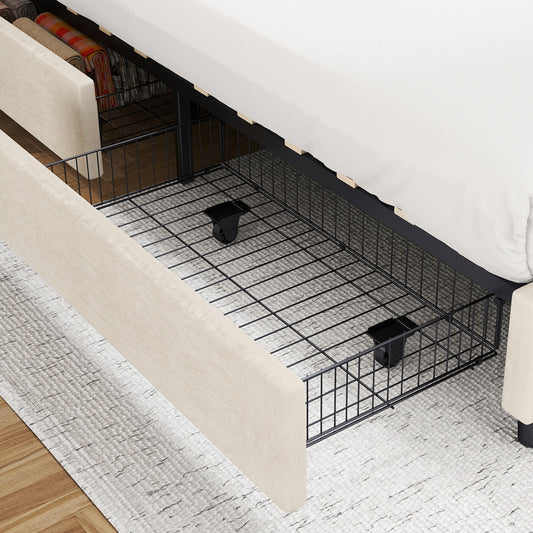 Bed Frame Upholstered Vertical Channel Headboard With 4 Storage Drawers Wood Slat Elegant Modern Bed Frame No Box Spring Needed Easy Assembly For Bedroom