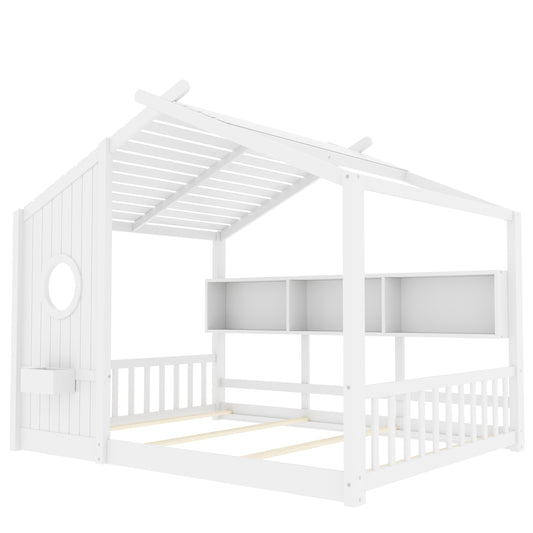 Full Size Floor House Bed For Toddler, Kids Montessori Bed  With Storage Shelf, Playhouse Bed With Roof Design, White