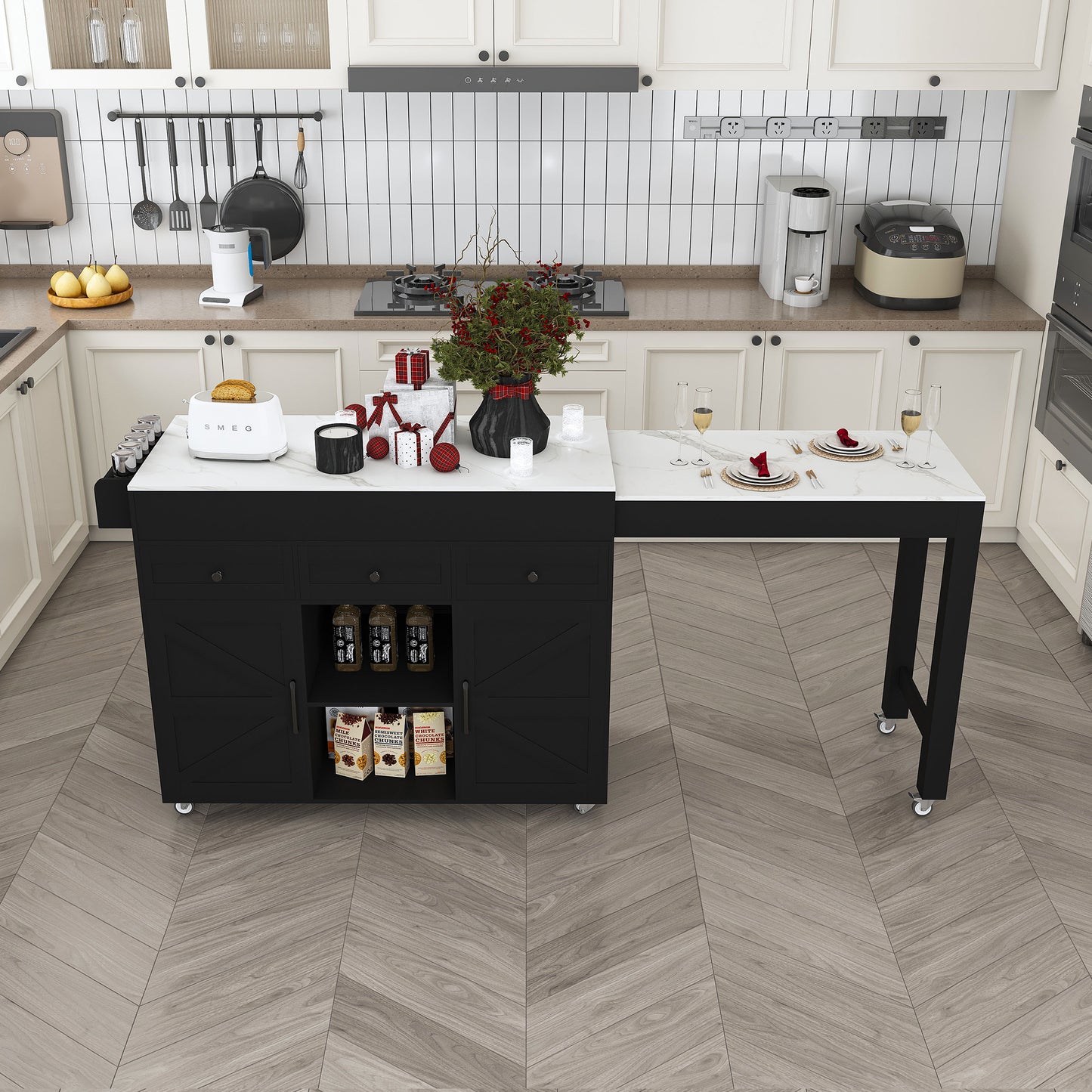 74.8 Kitchen Island With Extendable Dining Table  Marble Veneer Top & Built-in Power Outlet - Mobile Storage Cart With 3 Drawers & Cabinet  Rolling Kitchen Cart For Dining Room  Black