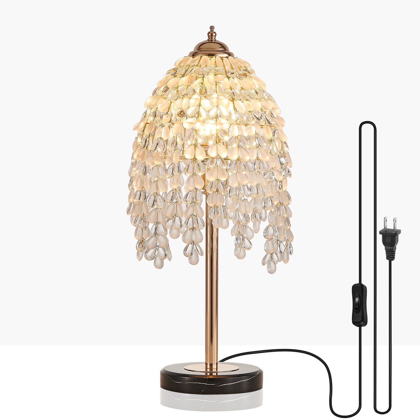 19 HElegant Crystal Table Lamp  Vintage Waterfall Design With Teardrop Grape Crystal Bead String Shades And Marble Textured Base For Living Room, Bedroom, Or Office  Bulb Not Included