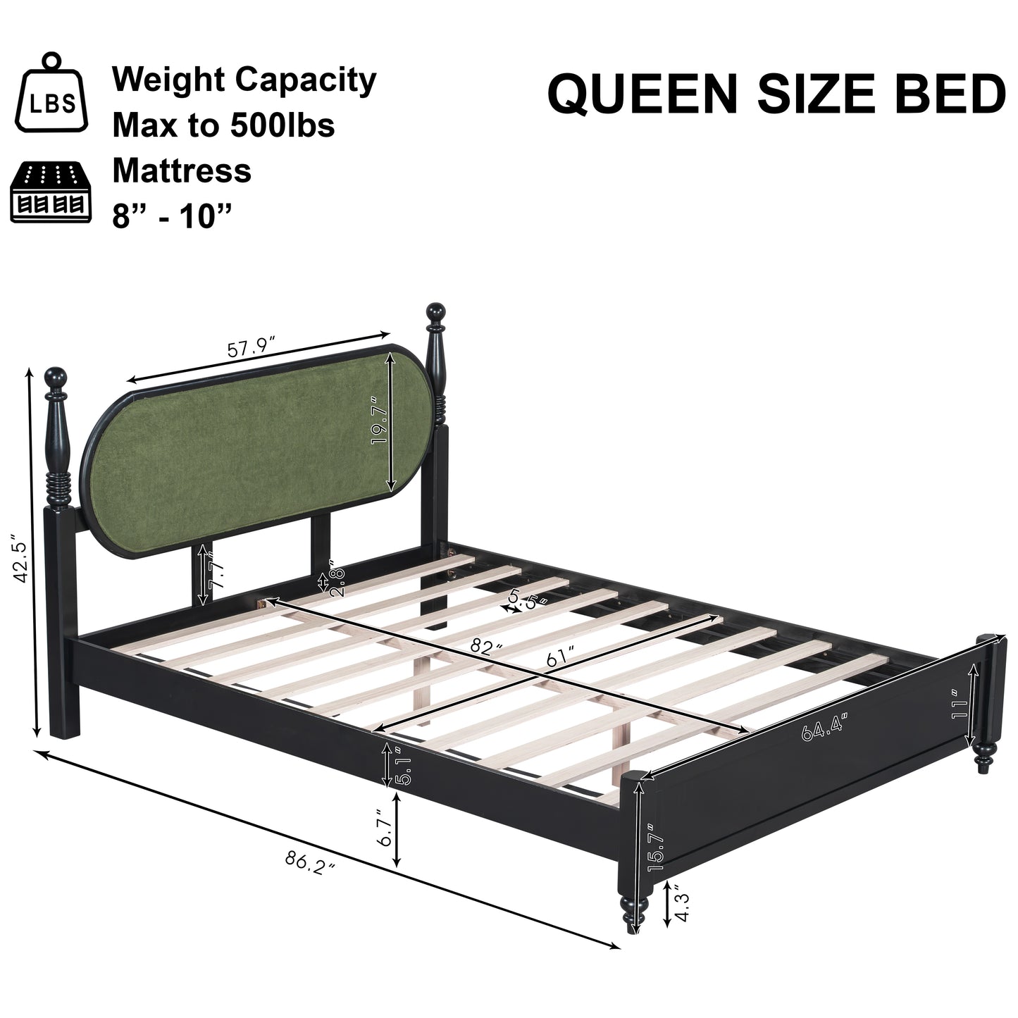 Queen Bed Frame, Solid Wood Platform With Slats, Green & Black Upholstered Headboard, Modern No Box Spring Needed