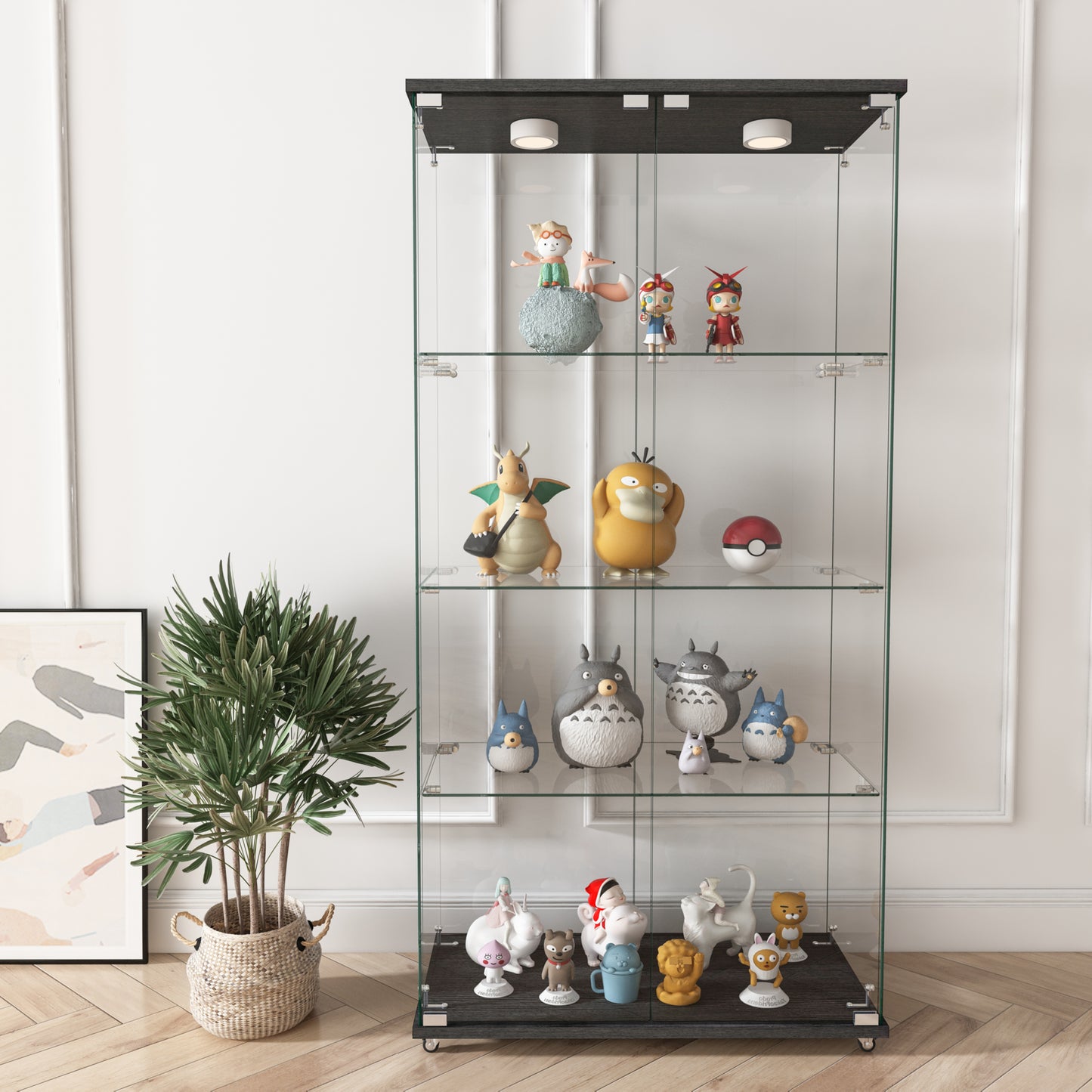 Modern Glass Display Cabinet With LED Lights, Quick-assembly Antique Cabinet, Tempered Glass Bookshelf, Suitable For Living Room And Bedrooms, 2-door 4-shelf, Black