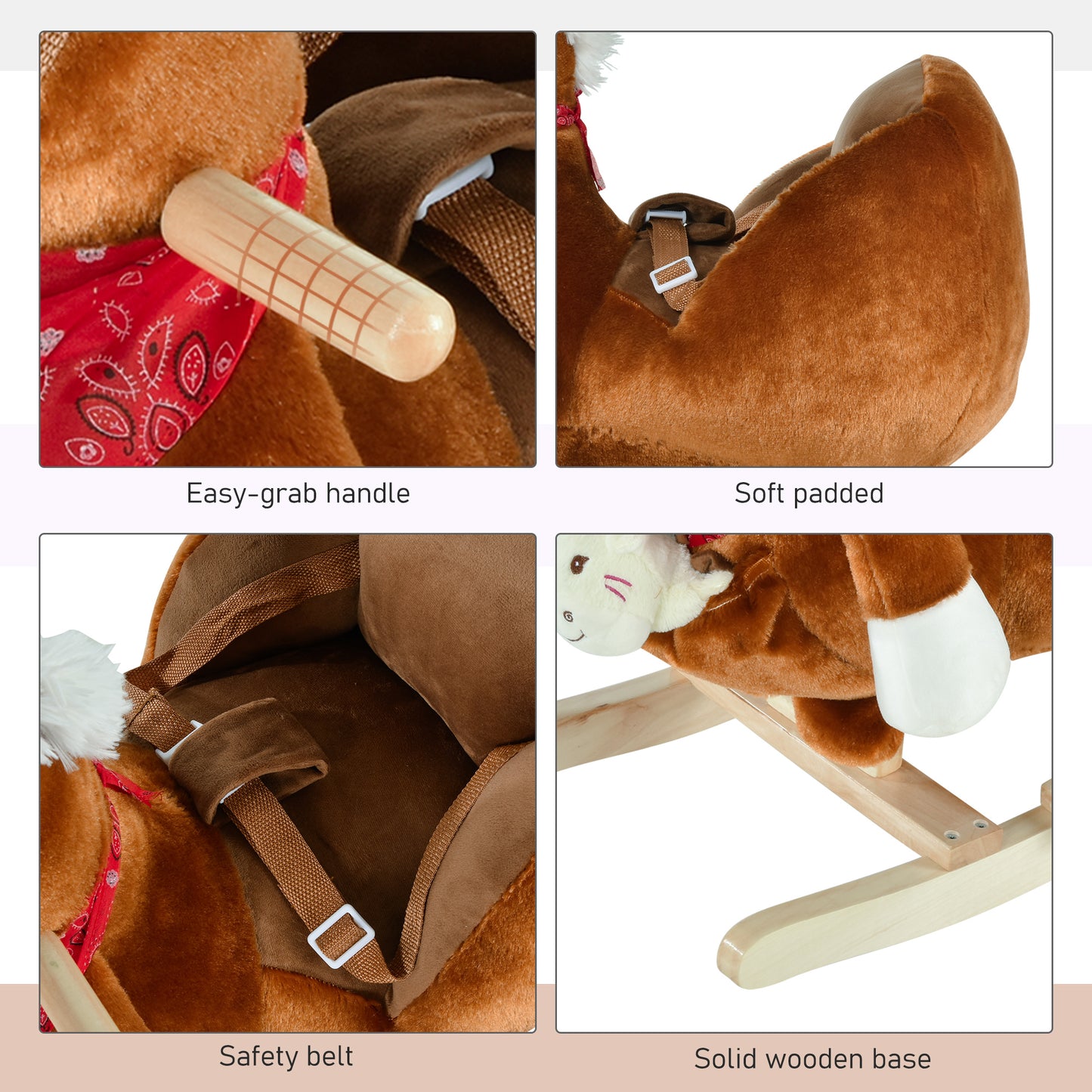 Kids Ride-On Rocking Horse Toy, Rocker With Lullaby Song, Hand Puppets & Soft Plush Fabric For Children 18-36 Months, Brown