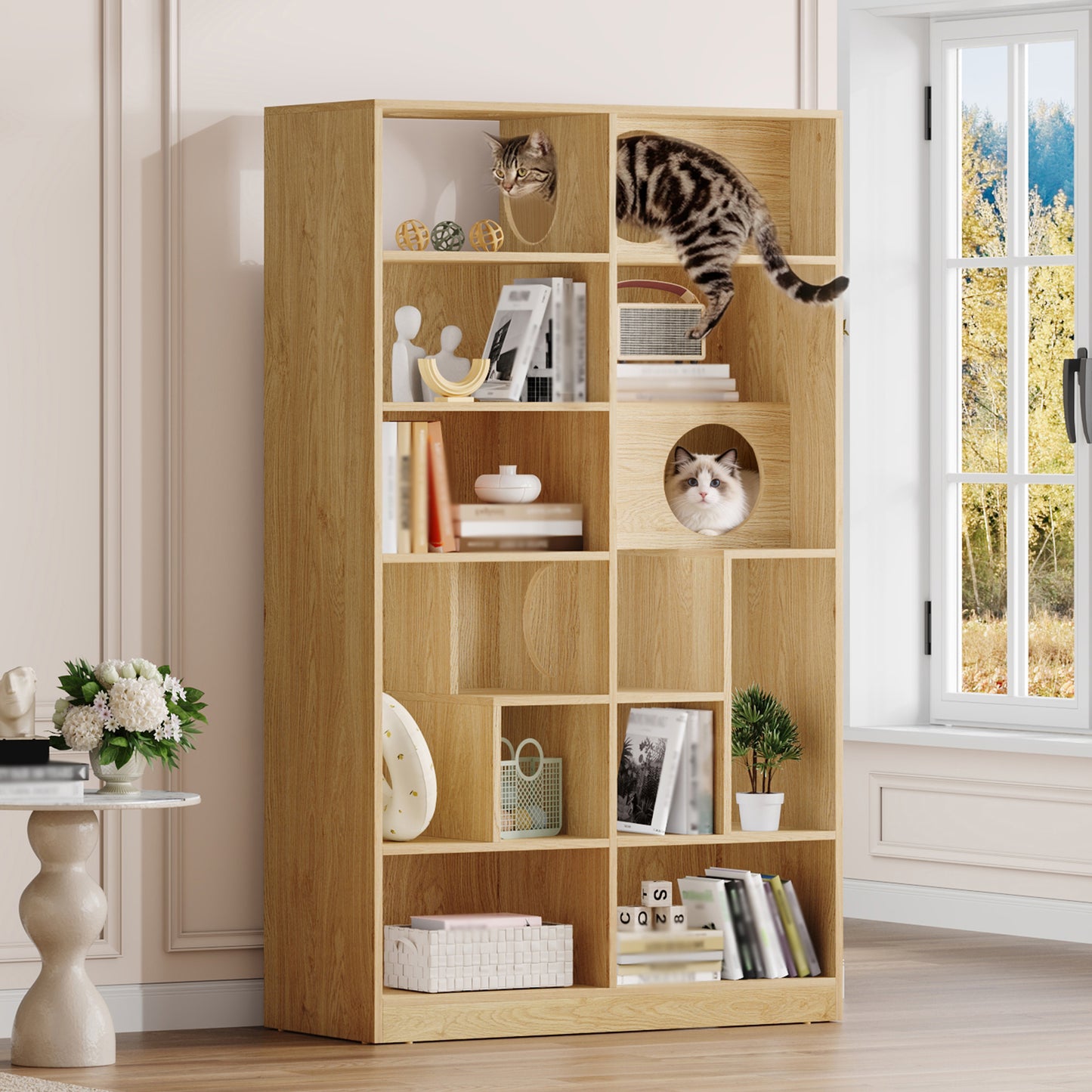 Modern 2 IN 1 Wood Bookshelf  Cat House, Cat Tree Display Case With Storage, Cat Litter Box Enclosure Climbing Shelf - NATURAL