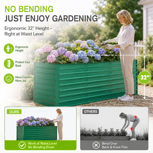2-Pack 93.7inx31.5inx32.3in Raised Garden Bed, 32in Ergonomic No-Bend Metal Planter Box, Open Base For Drainage & Aeration, 8 Reinforcing Rods, Rustproof Steel - Easy Hand-Tightening Assembly