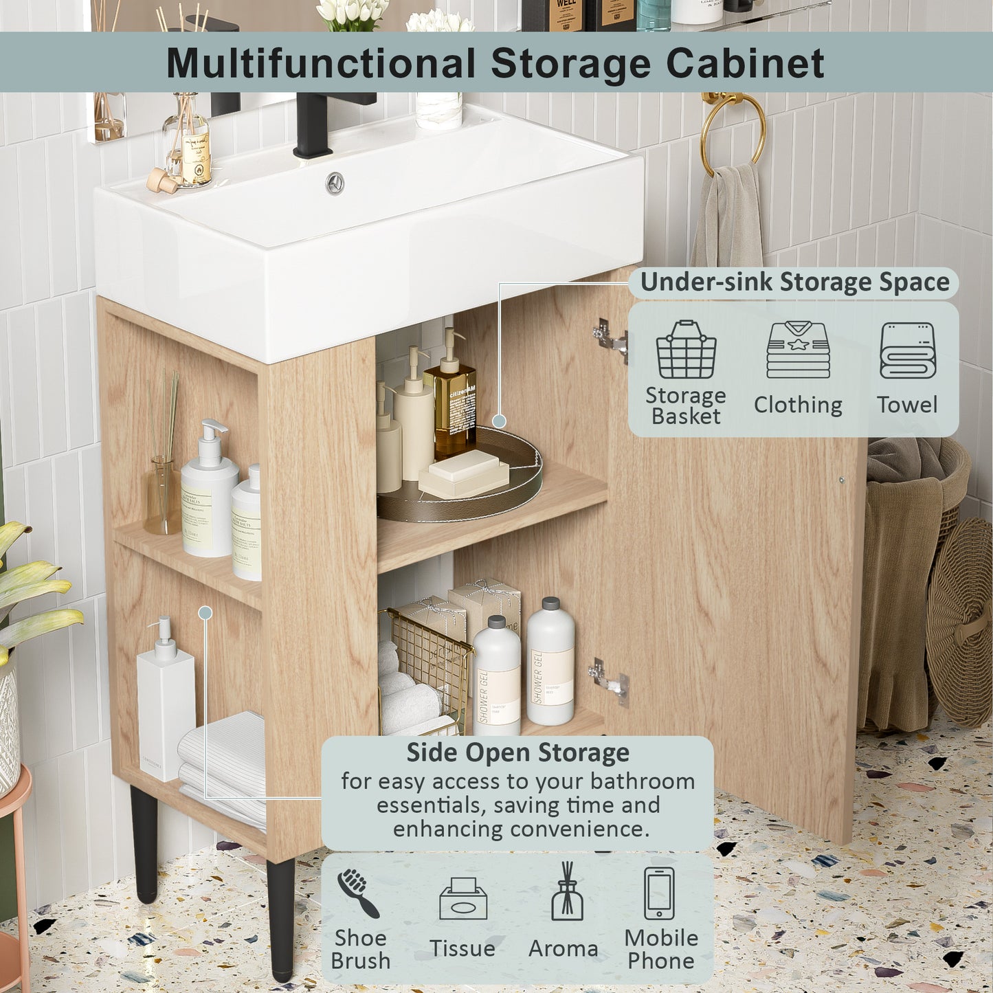 21.6  Wood Bathroom Vanity, Combo Cabinet, Bathroom Storage Cabinet, Single Ceramic Sink, Left Side Storage