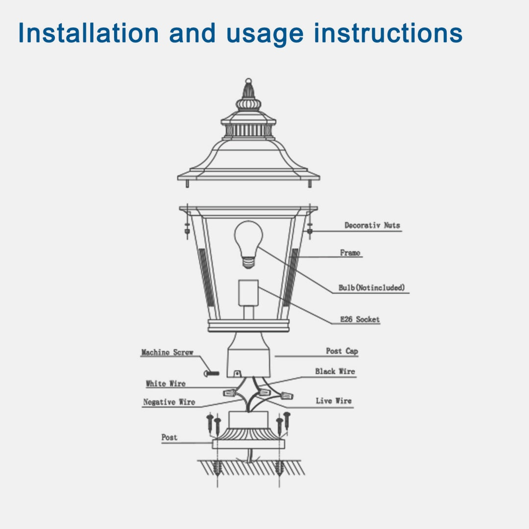 21in H 1-Pack Outdoor Post Lantern Light -Vintage Black Metal & Clear Glass Pillar Lamp For Garden, Gate, Driveway, And Pathway Lighting With Elegant Design  Bulb Not Included