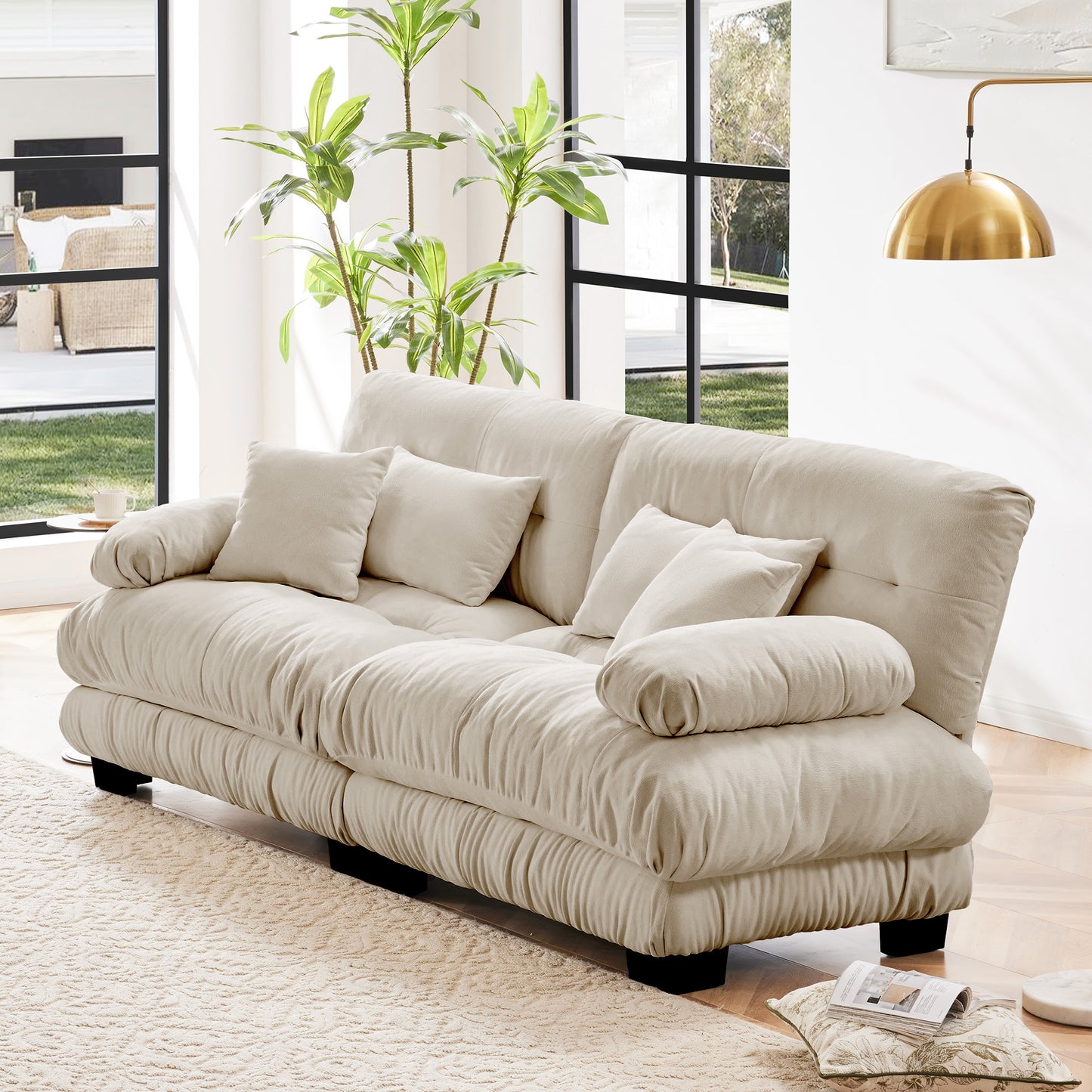 Cloud Couch 2 Seater Sofa For Living Room, Chenille 2 - Seat Sofa With 2 Lumbar Pillows And 2 Throw Pillows,Chenille Light Coffee