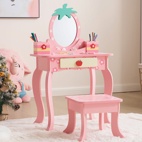 Pink MDF Spray-painted - Apple-printed 1-drawer 2-desktop Storage Box Children's Dressing Table Set