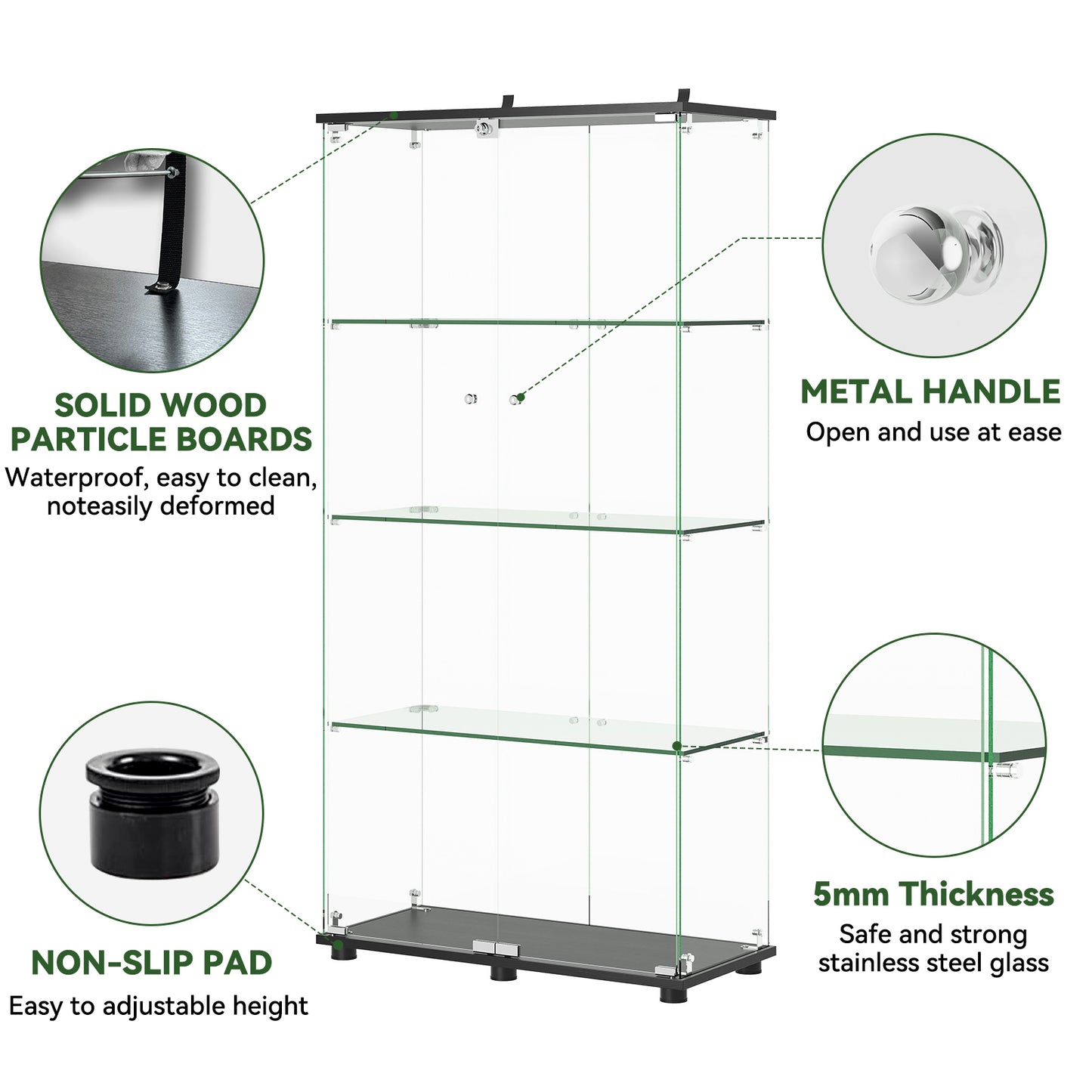 Glass Display Cabinet With 4-Shelf Double Doors And Lock, Curio Cabinet 5mm Tempered Glass Floor Standing Bookshelf For Living Room, Bedroom, Office, 64 X 31.7 X 14.3 In, Black