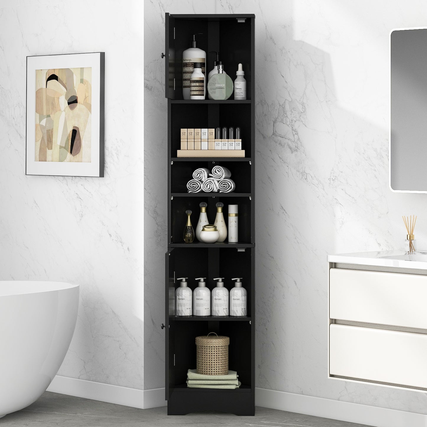 Multi-Functional Corner Cabinet Tall Bathroom Storage Cabinet With Two Doors And Adjustable Shelves, Open Shelf, Black