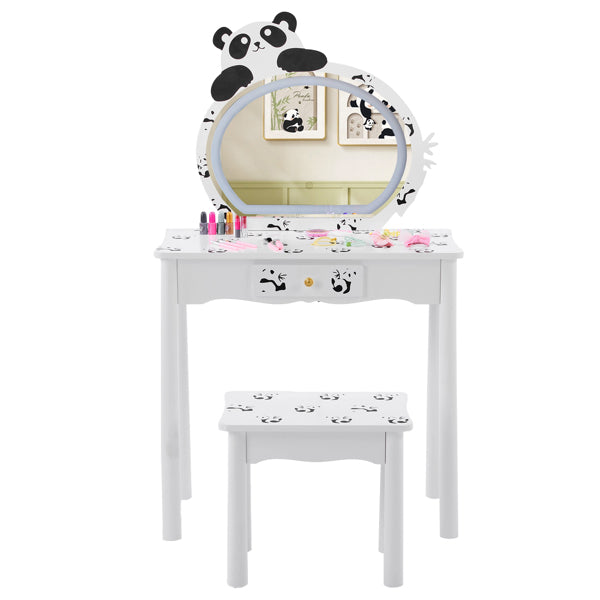 Black And White Panda MDF Painted Finish, Solid Wood Legs, 1-drawer Children's Dressing Table Set, LED Three-color Backlit Touch Switch