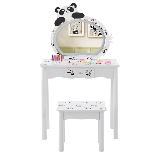 Black And White Panda MDF Painted Finish, Solid Wood Legs, 1-drawer Children's Dressing Table Set, LED Three-color Backlit Touch Switch