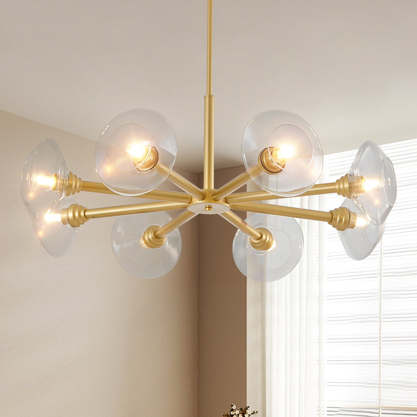36 Modern Gold 8-Light Sputnik Chandelier With Clear Glass Shades, Mid-Century Hanging Pendant Light Fixture For Dining Room, Living Room, Or Kitchen Bulb Not Included
