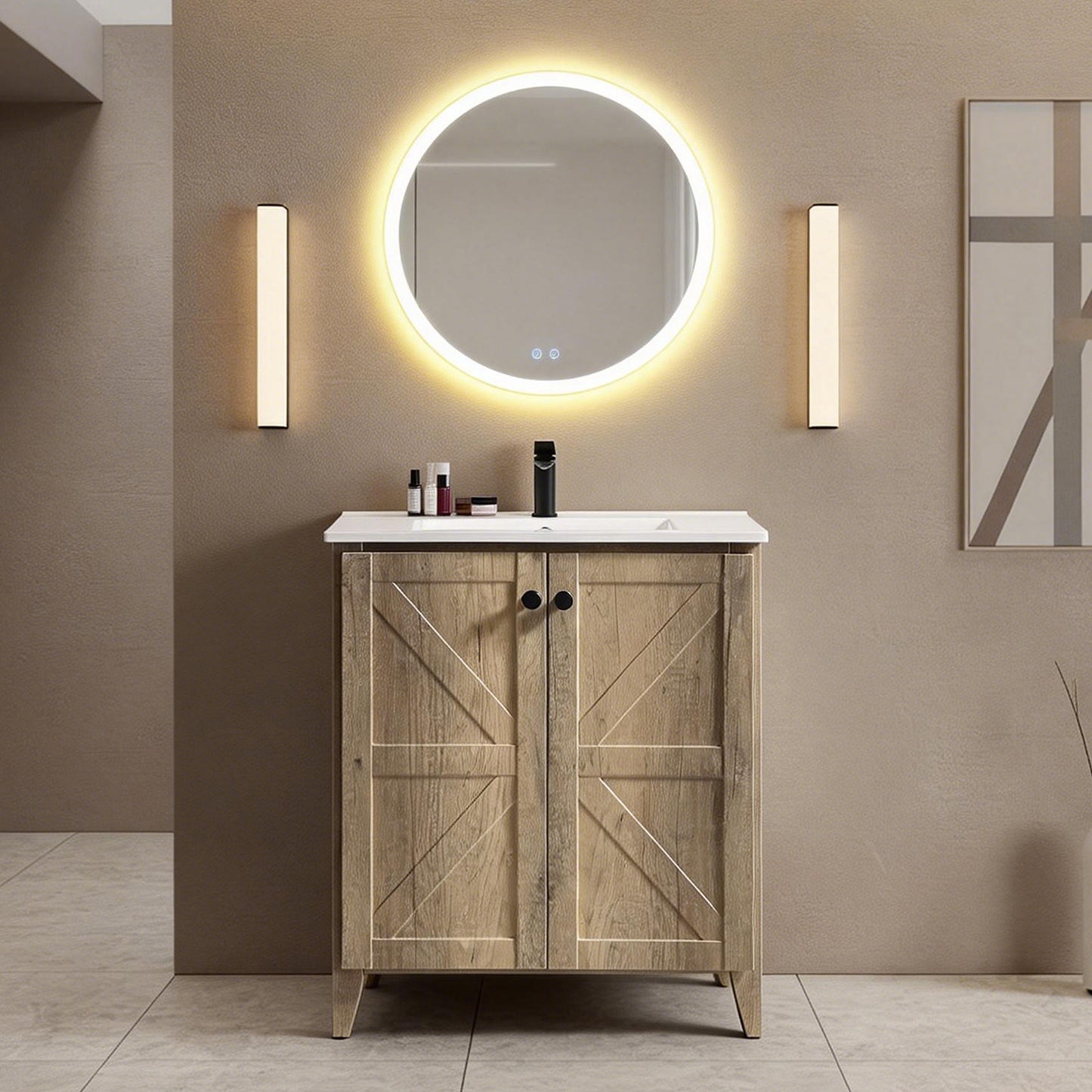 30inch Antique Grey Folding Floor Cabinet With Ceramic Sink  Patented 1-Minute Install  Space-Saving & Easy Assemble American Style